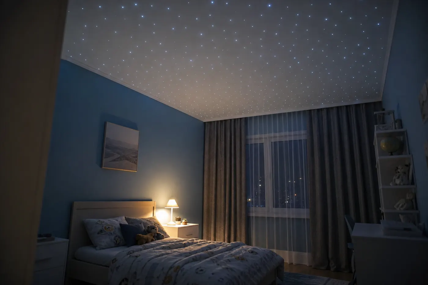 Starry sky in a kids room: ideas, safety and install